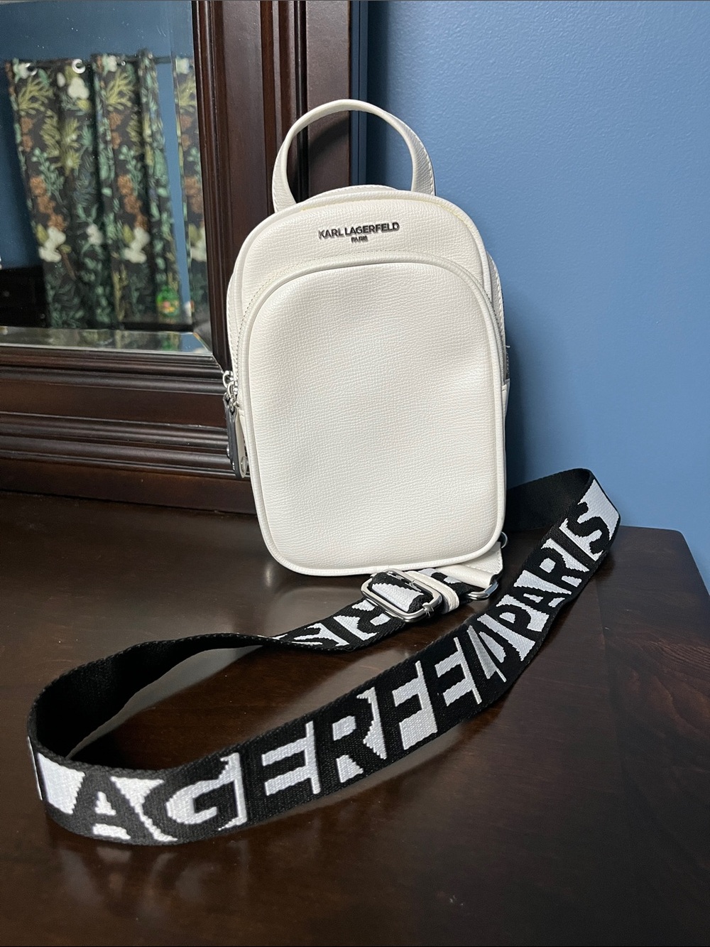Karl Lagerfeld White Mini Bag with Black-and-White Branded Strap